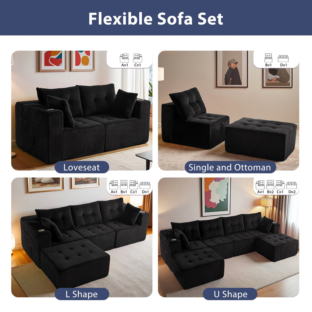 BYBYME Cloud Sectional Couch with U-Shape Chaise Modern Comfy Modular Corduroy Sofa for Living Room,Tufted 6-Seat Sleeper Chair with 2 Ottoman,Sofa in A Box,No Assembly Required,Black