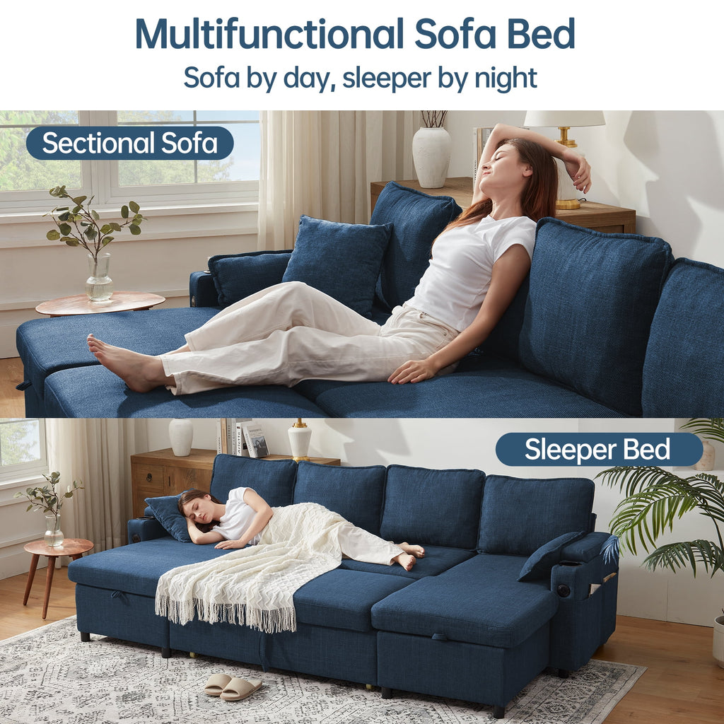 Sectional Couches Sofas Sleeper Bed U shape with Storage for Living Room Family Rooms Blue