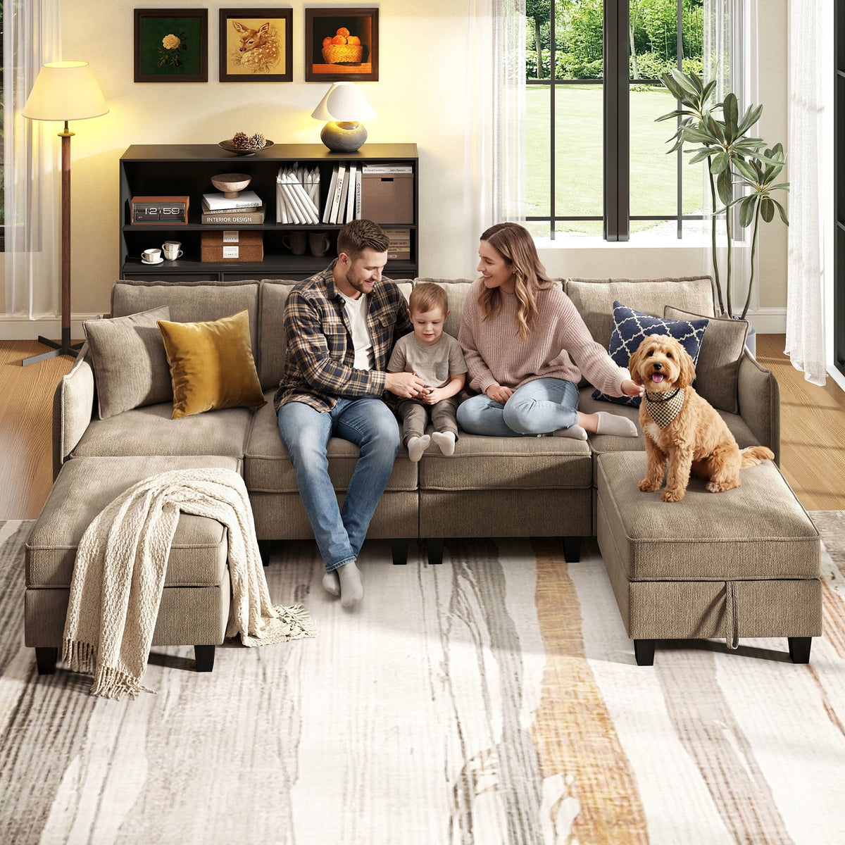  112" Modular Sectional Sofa with 2 Moveable Storage Ottoman, Cloud Couch Seats 6, Modern Living Room Furniture, Chenille Brown