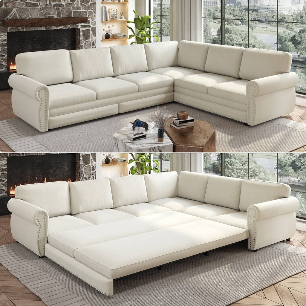 118'' Pull Out Couch, Convertible Sleeper Sofa Bed, Upholstered Sectional Sofa, Chenille L-Shaped Couch with Nailhead Trim, Modern Sectional Couches for Living Room, Apartment, Dark Grey