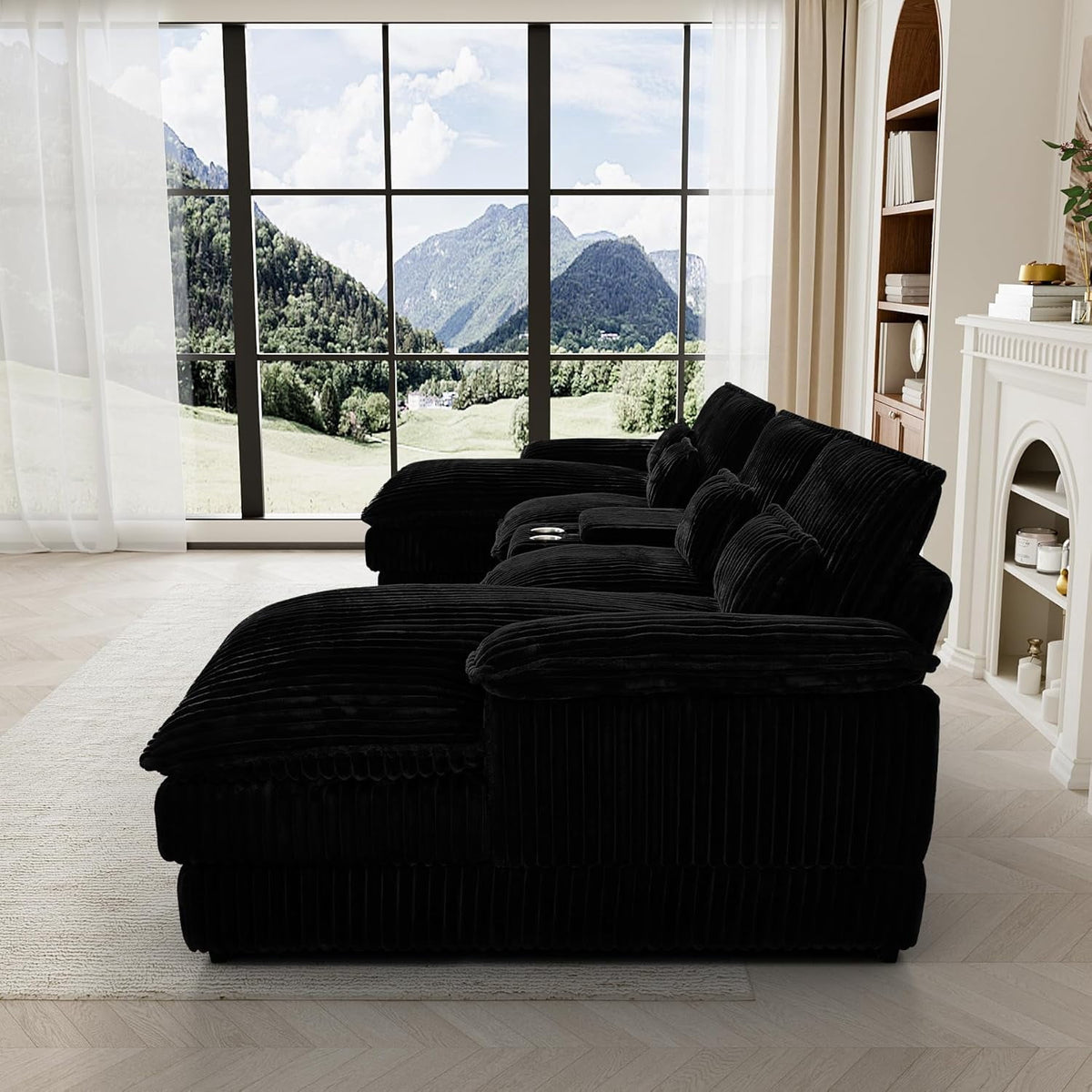  124" U Shaped Modular Sectional Sofa, 6 Seat Oversized Cloud Couch with Double Chaise & Central Console, Plush Corduroy Sectional Couch with USB Ports, for Living Room, Black