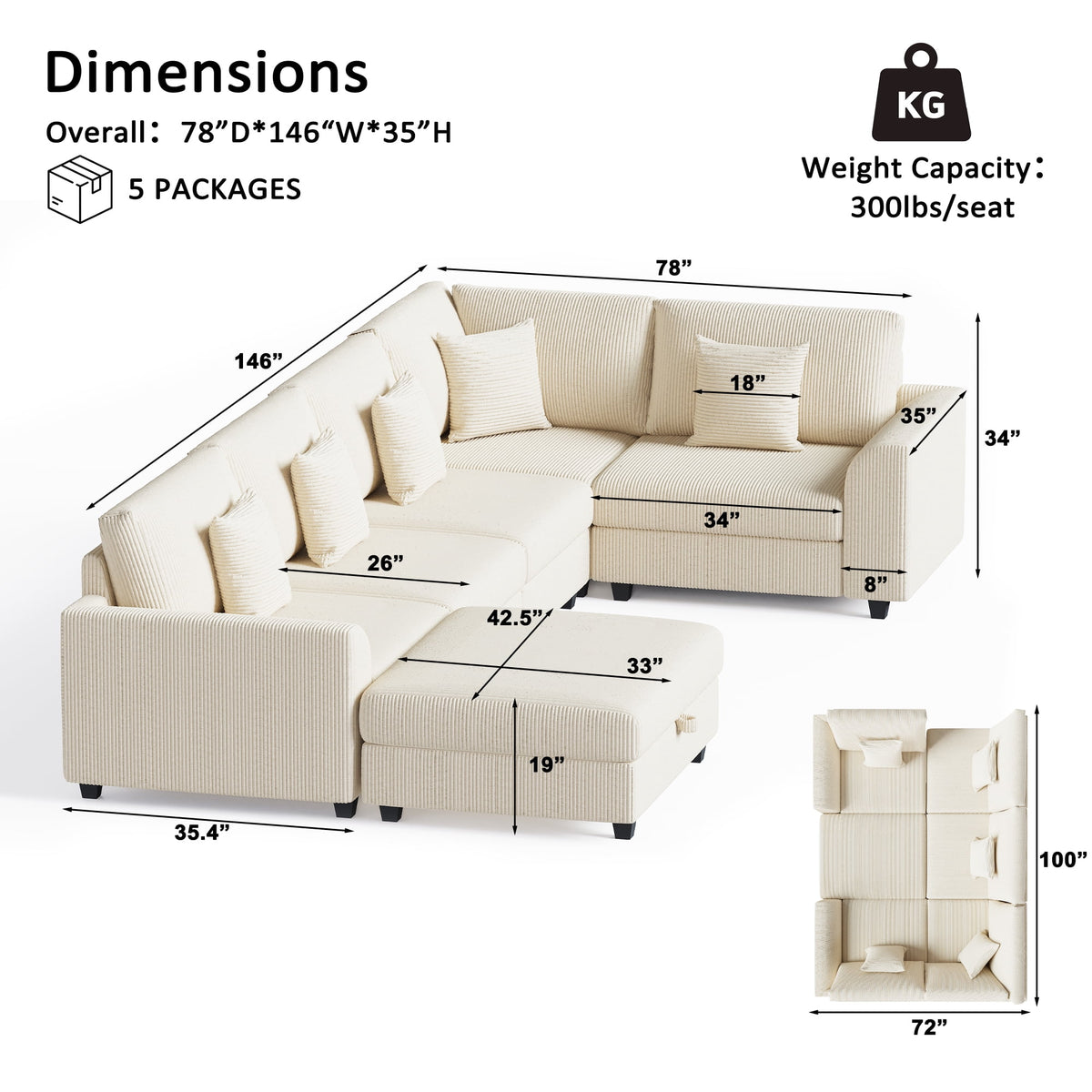 Advwin 146" Oversized Corduroy Modular Sectional Sofa, 6-Seat Convertible Sleeper Sofa with Ottoman & 5 Pillows, Modern L-Shaped Lounge Couch for Living Rooms, Beige