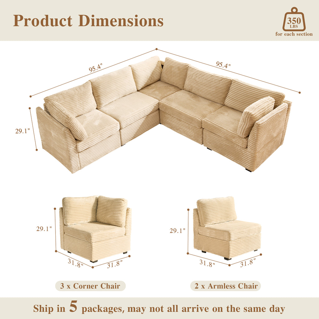  95" Modular Sectional Sofa Deep Seat L-Shaped Cloud Corduroy Couch for Living Room, 5 Seat, Beige
