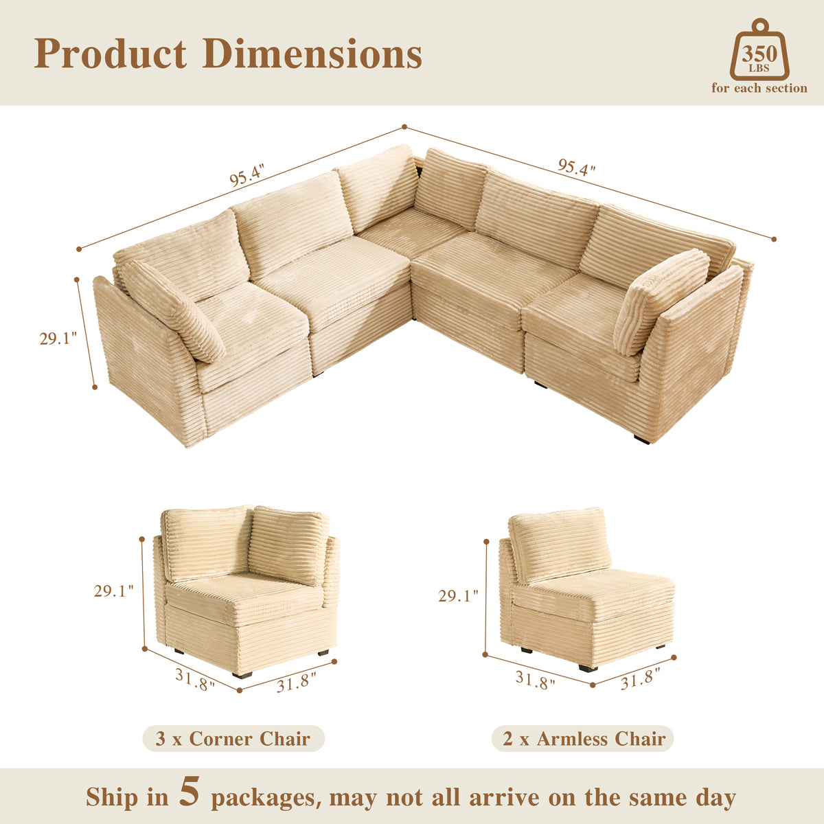  95" Modular Sectional Sofa Deep Seat L-Shaped Cloud Corduroy Couch for Living Room, 5 Seat, Beige