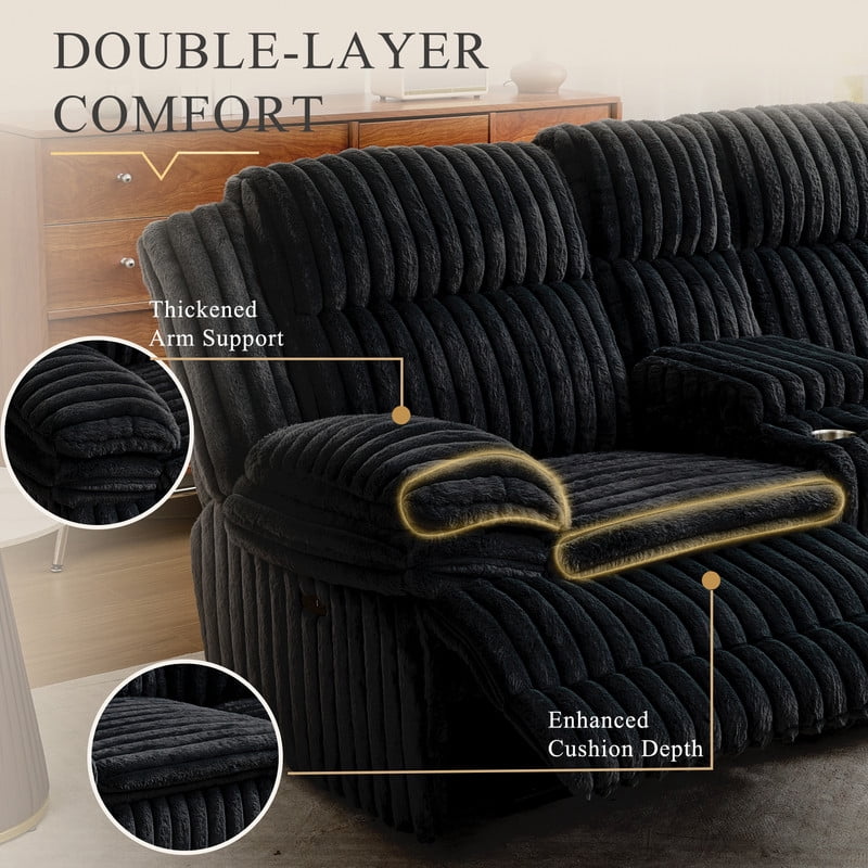 Oversized Power Reclining Sectional Sofa with Drawers, Storage Console, Cup Holders & Type-C Ports, Faux Fur L-Shaped Corner Couch with Recliners for Living Room,Black
