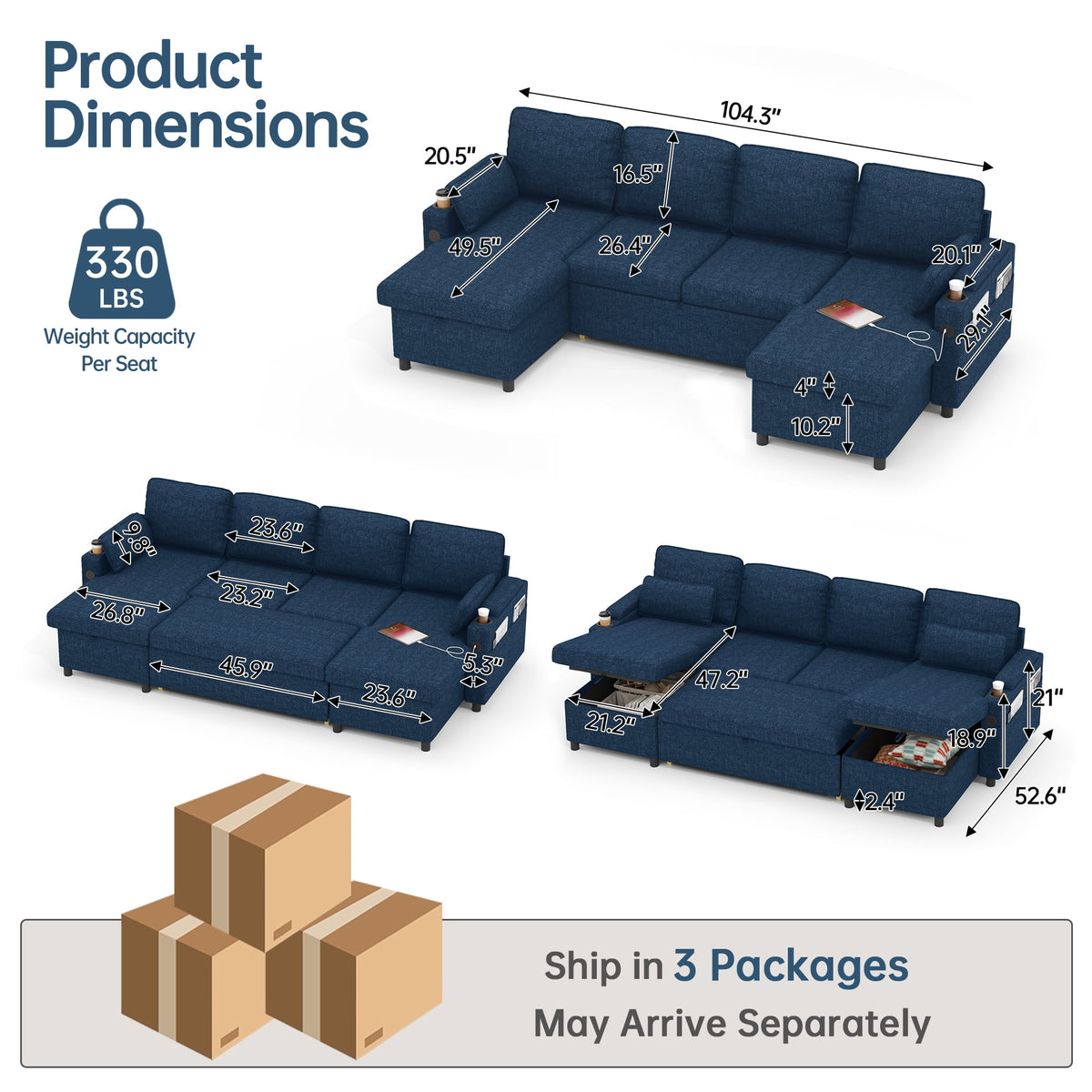 Sectional Couches Sofas Sleeper Bed U shape with Storage for Living Room Family Rooms Blue