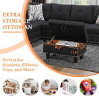  L Shaped Sectional Sofa, 4 Seater Couch with Chaise Lounge, Storage Ottoman, Cup Holders and Pillows, Modern Linen Fabric Couch for Living Room,Charcoal Gray