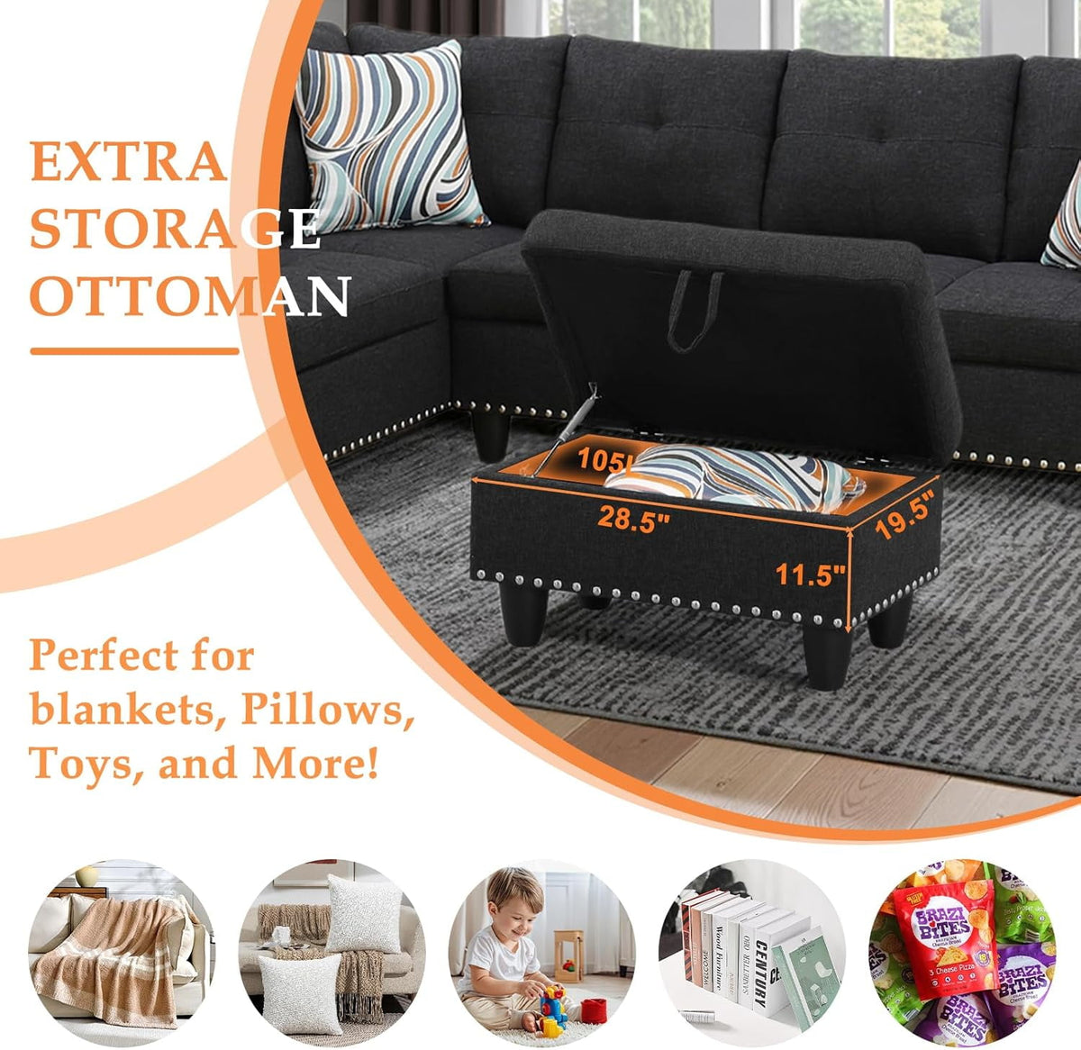  L Shaped Sectional Sofa, 4 Seater Couch with Chaise Lounge, Storage Ottoman, Cup Holders and Pillows, Modern Linen Fabric Couch for Living Room,Charcoal Gray