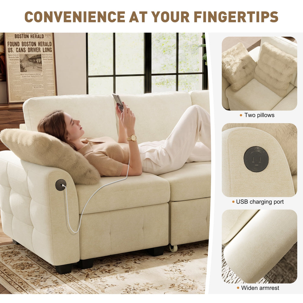  104" Large Modular Sectional Sleeper Sofa with Pull Out Bed, USB Charging & Storage Ottoman, U Shaped Couch for Living Room, Chenille Beige