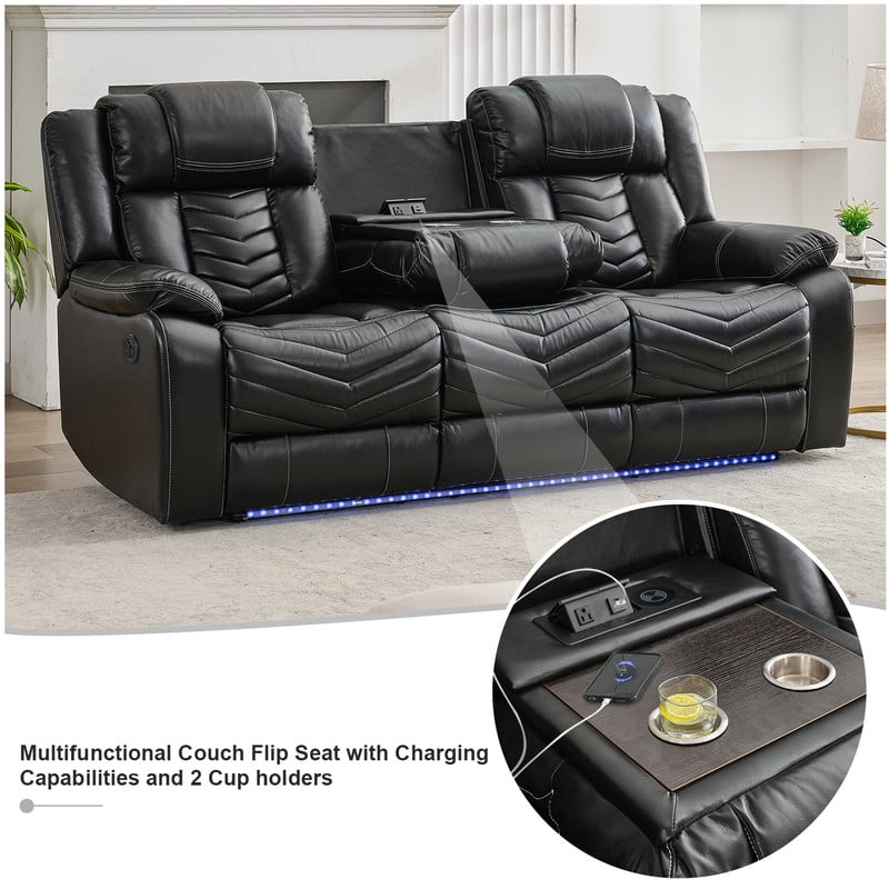 2PCS Power Zero Gravity Reclining Sofa Set with Bass Speaker,Wireless Charger,USB/Type C Ports,LED Light,Cup Holder,Storage Console Faux Leather Electric Recliner Sofa and Loveseat,5 Seater,Black