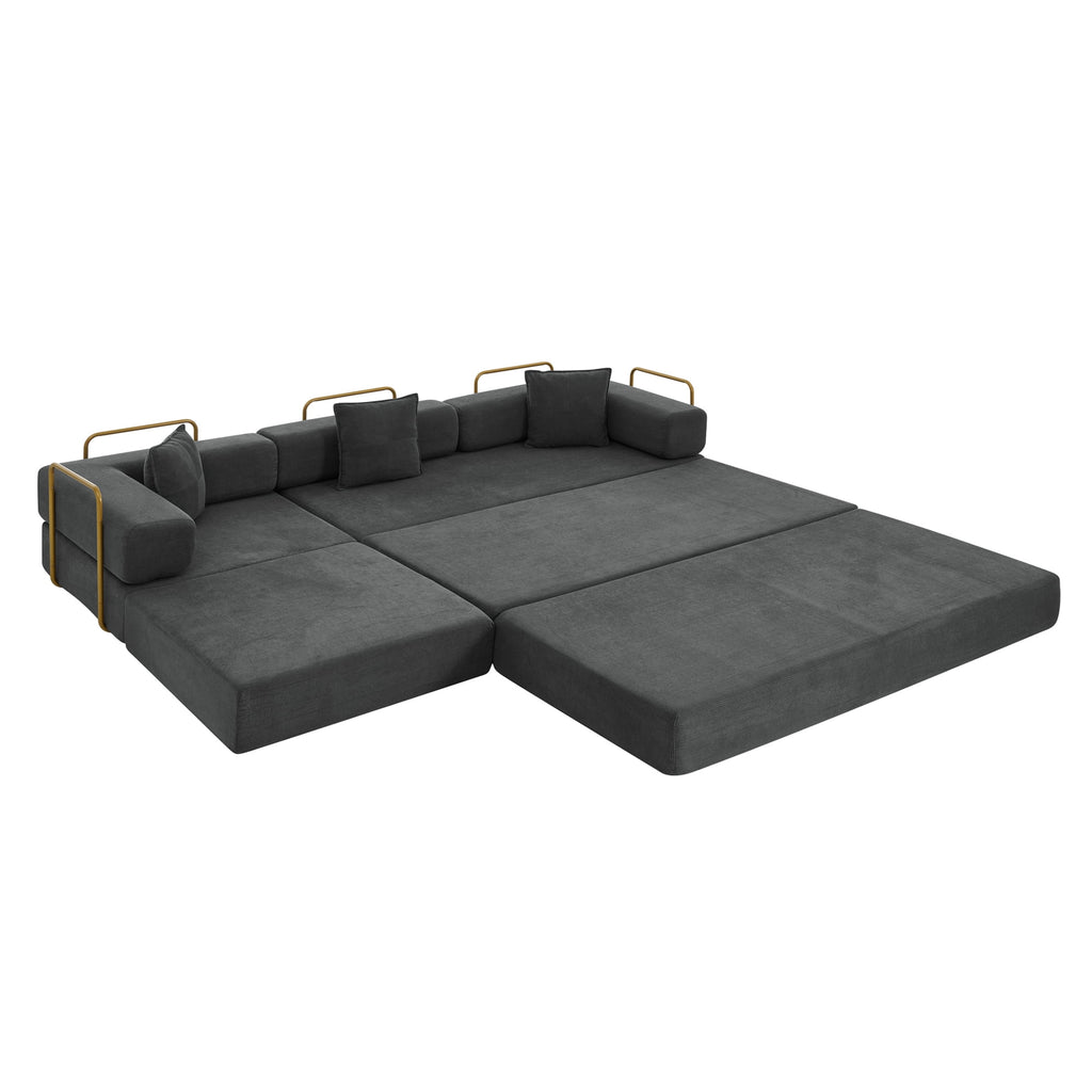  108" Modular Sectional Sofa Bed, Convertible Folding Sofa Bed, Modern Cloud Corduroy Boneless Sofa with Deep Seat, Fold-Out Futon Couch Bed for Living Room, No Assembly Required, Grey