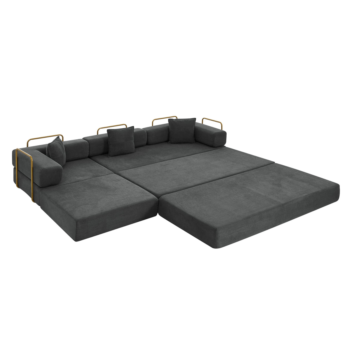  108" Modular Sectional Sofa Bed, Convertible Folding Sofa Bed, Modern Cloud Corduroy Boneless Sofa with Deep Seat, Fold-Out Futon Couch Bed for Living Room, No Assembly Required, Grey