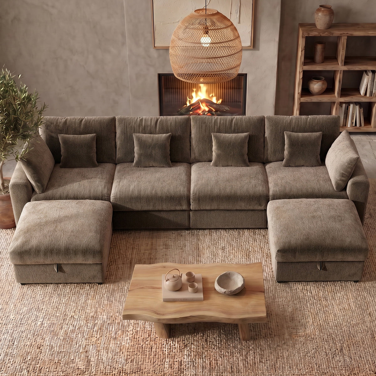  140" Large Modular Sectional Sofa with 2 Removable Storage Ottomans, Extra Deep Seat Cloud Couch for Living Room, Chenille Brown