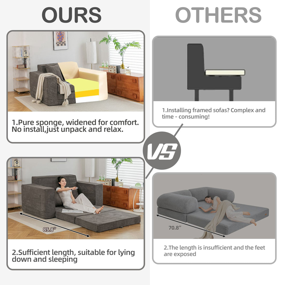 Vicluke Convertible Memory Foam 3-seat Sofa & Loveseat, Pull Out Sleeper Sofa Bed, 2 in 1 Folding Couch Bed, Fold Out Floor Couch Corduroy Fabric with Pillows for Living Room Bedroom Lounge(Grey)