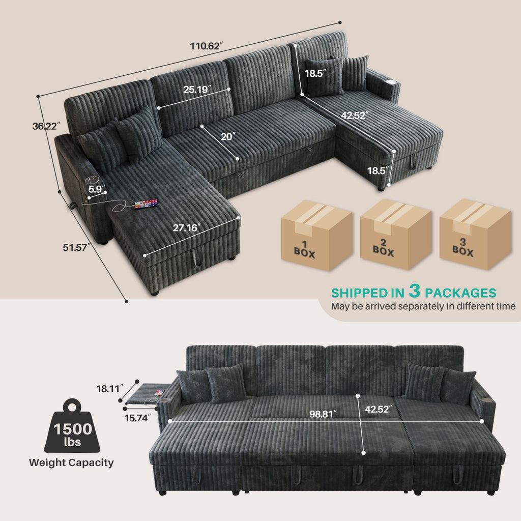 Sleeper Sectional Sofa, Modern 110" U Shaped Couch with Pull Out Bed, Convertible Corduroy Cloud Sofa with Double Storage Chaise, USB, Small Desktop, Comfy Modular Couch for Living Room,Dark Grey