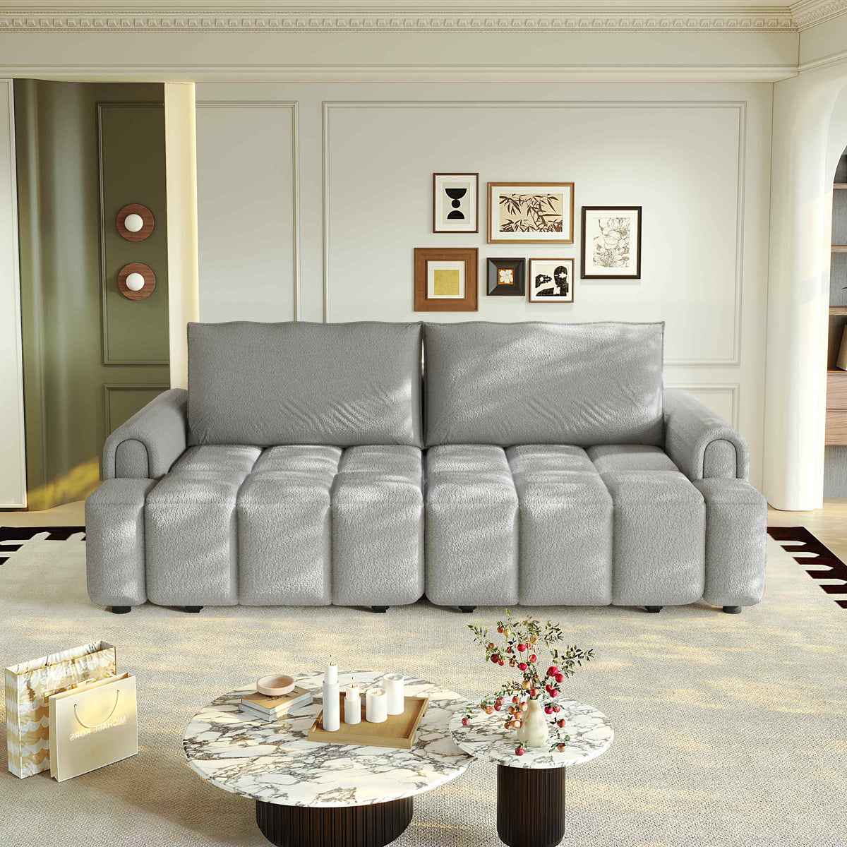FFH 90.2" Pull Out Sofa Bed with Storage, 3-in-1 Convertible Sleeper Sofa King Size, Modern 4-Seater Teddy Couch for Living Room, Gray