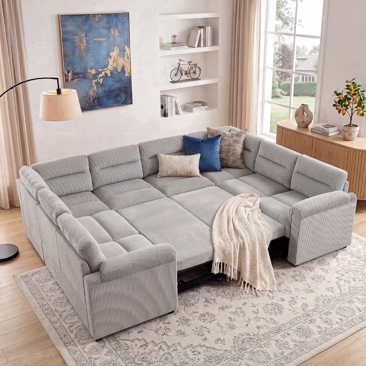  114 inch Sectional Sleeper Sofa with Pull Out Bed Convertible Corduroy Modular Sofa Upholstered Sofa Bed for Living Room Gray