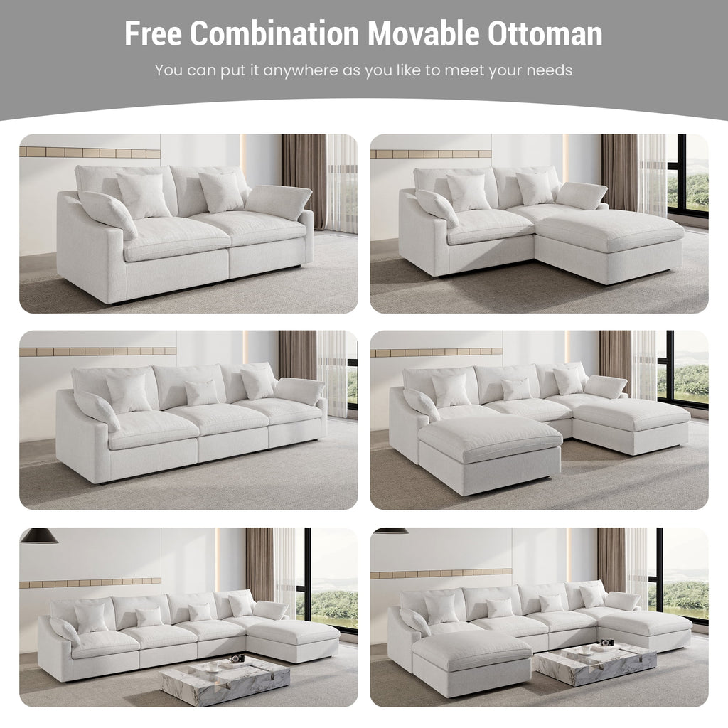160" Cloud Couch Sectional for Living Room, Down Filled 4 Seater, Convertible Sofa Couch, White