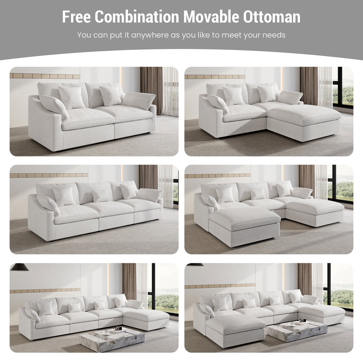 160" Cloud Couch Sectional for Living Room, Down Filled 4 Seater, Convertible Sofa Couch, White