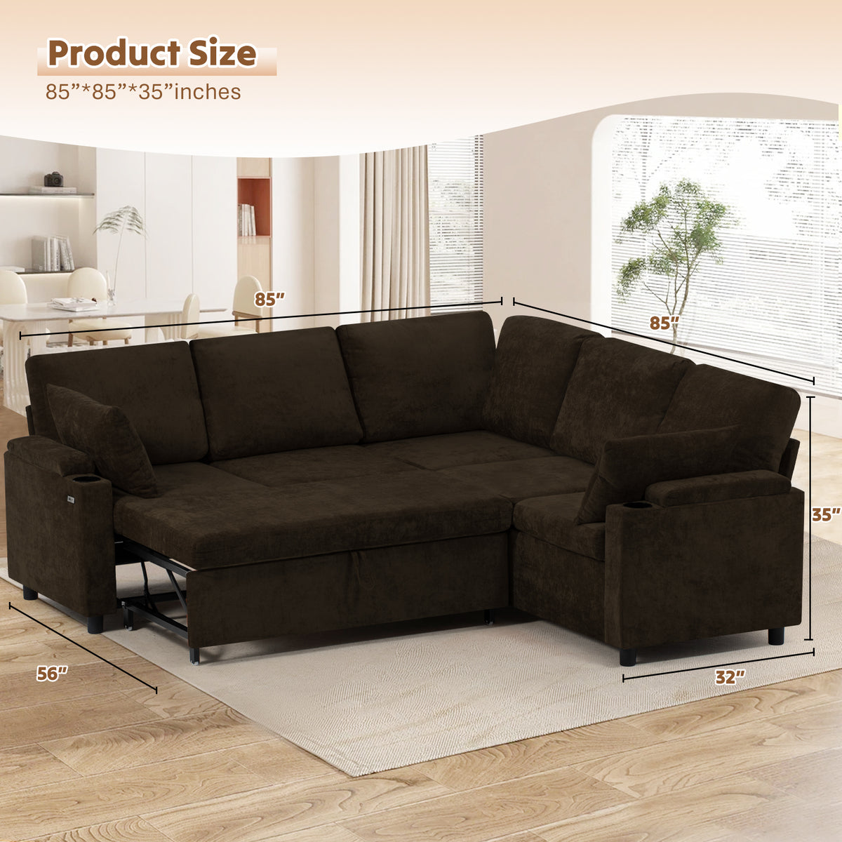 ACMEASE 85" Chenille Reversible Sectional Sofa w/Pull Out Bed, Upholstery L-Shaped Couch w/Storage Armrests & Cup Holders, Modern Corner Sofa w/USB Charging Port & Throw Pillow for Living Room, Brown