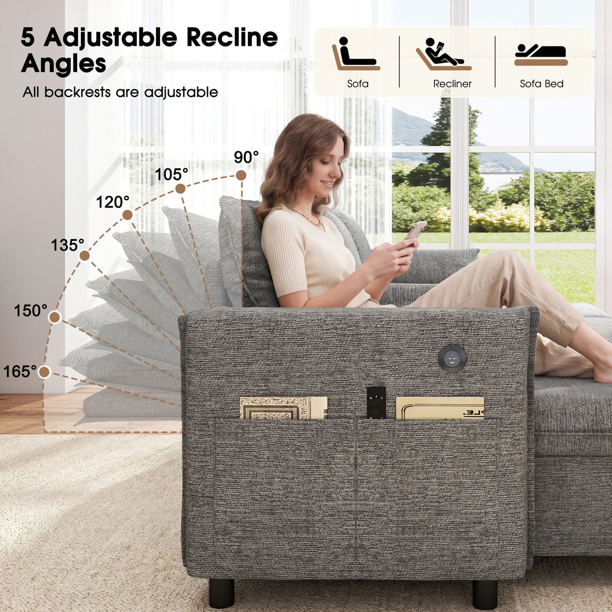 Hombryzy 109" Sectional Sleeper Sofa Bed with Storage Chaise, USB Charging Port, Pull Out Bed & Adjustable Backrest, U Shaped Couch for Living Room, Chenille Gray