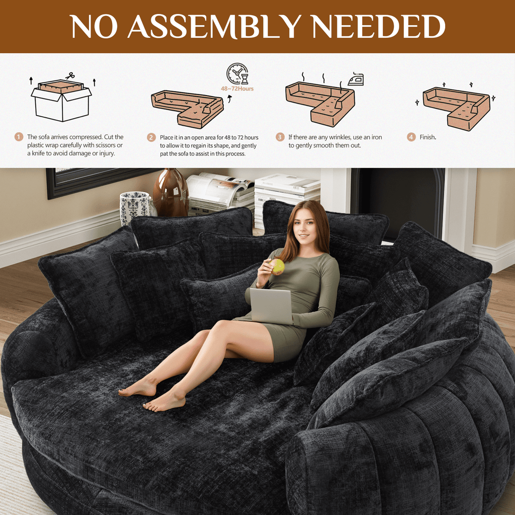 Rophefx 81.1" Oversized Round Chaise Lounge Sofa Bed,Fluffy Plush Cloud Couch with Deep Seat and 14 Pillows,Modern Comfy Couch for Living Room Apartment,Black