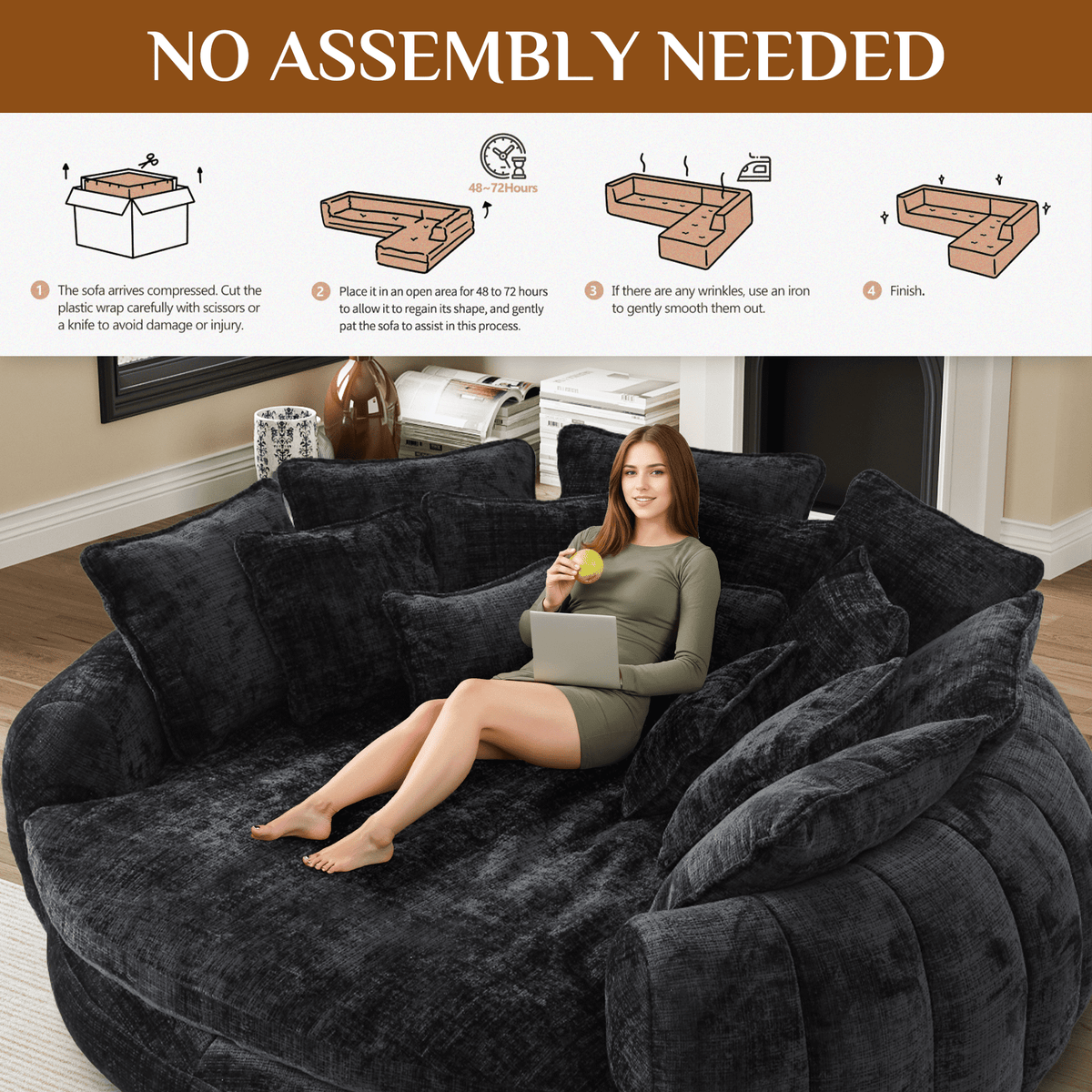 Rophefx 81.1" Oversized Round Chaise Lounge Sofa Bed,Fluffy Plush Cloud Couch with Deep Seat and 14 Pillows,Modern Comfy Couch for Living Room Apartment,Black