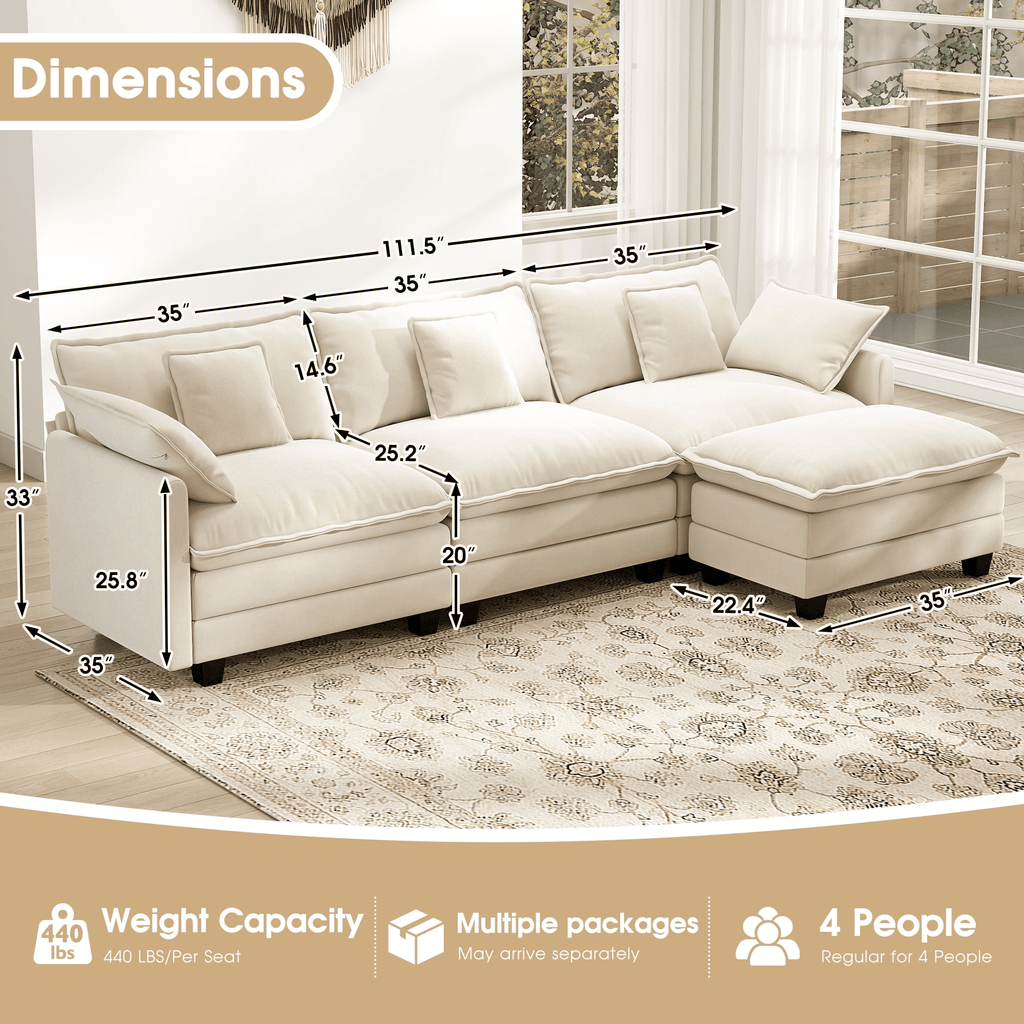  111.5'' Modular Sectional Sofa with Movable Ottoman, L Shaped Cloud Couch for Living Room, 3-Seat, Beige
