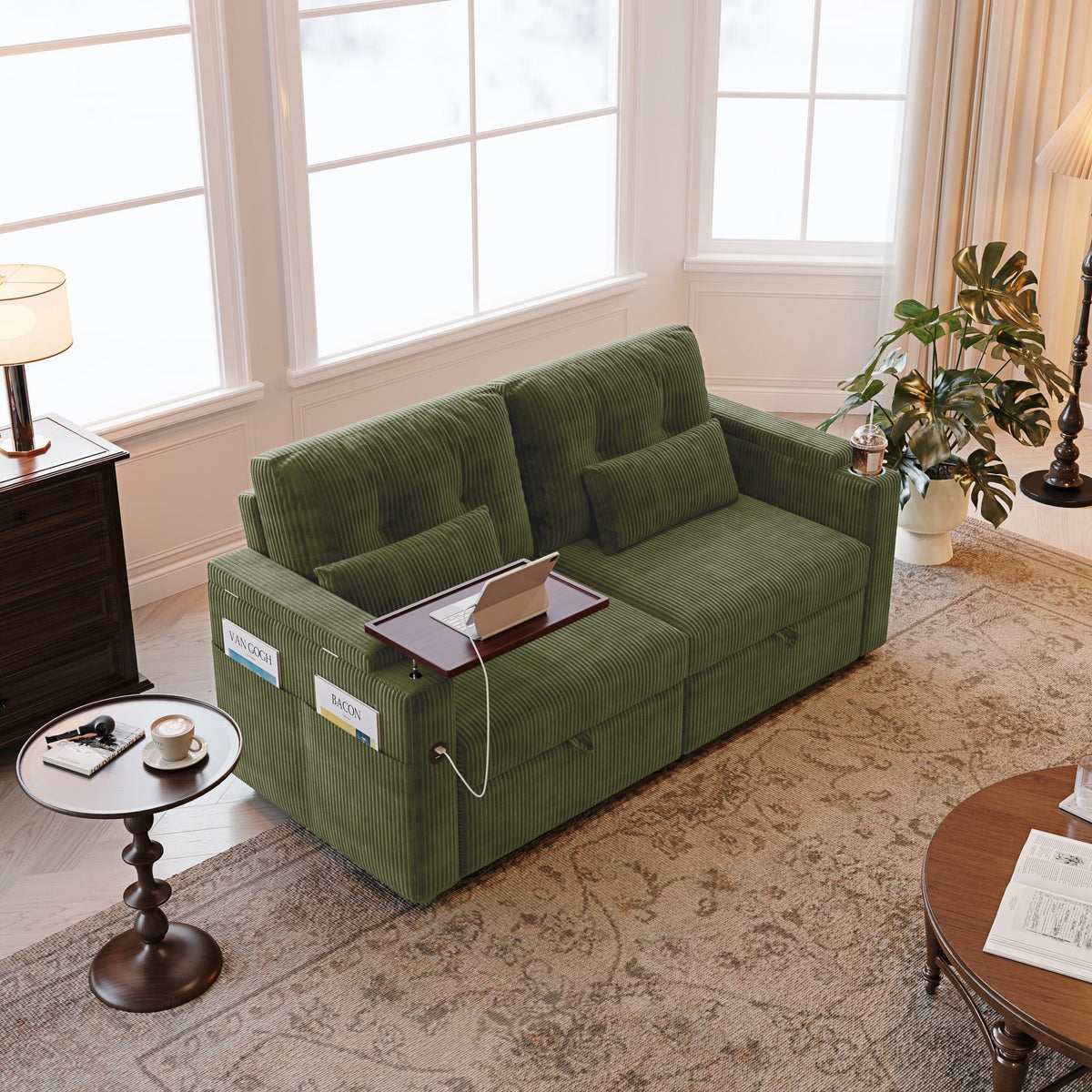 73" Queen Size Sofa Bed, Loveseat Sleeper Sofa with Pull Out Bed, 360° Swivel Table and USB, Modern 2 Seater Convertible Corduroy Couch for Living Room Bedroom Apartment, Green