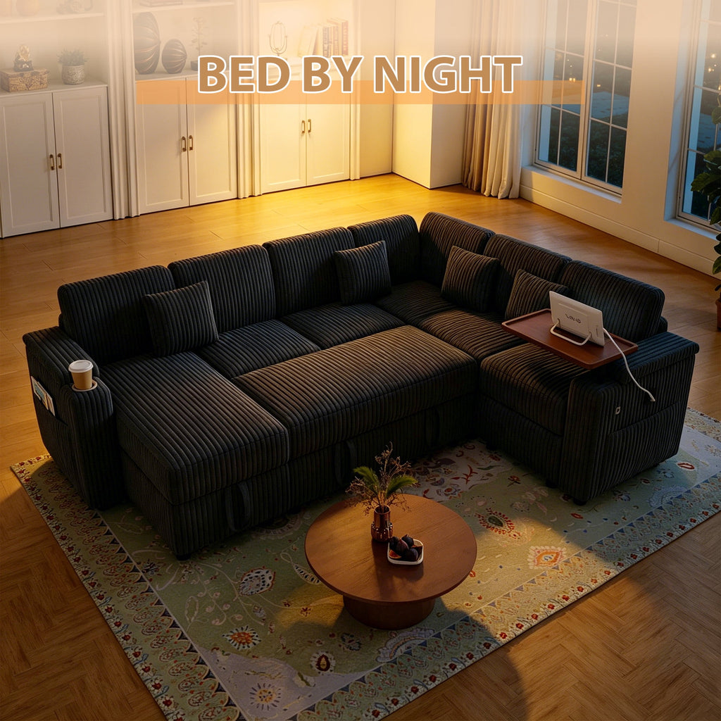 FFH 100" Modular Sectional Sofa with Pull Out Bed, Large Storage, USB Ports, Table Board, Modern Sleeper Couch Bed for Living Room, Corduroy Dark Gray