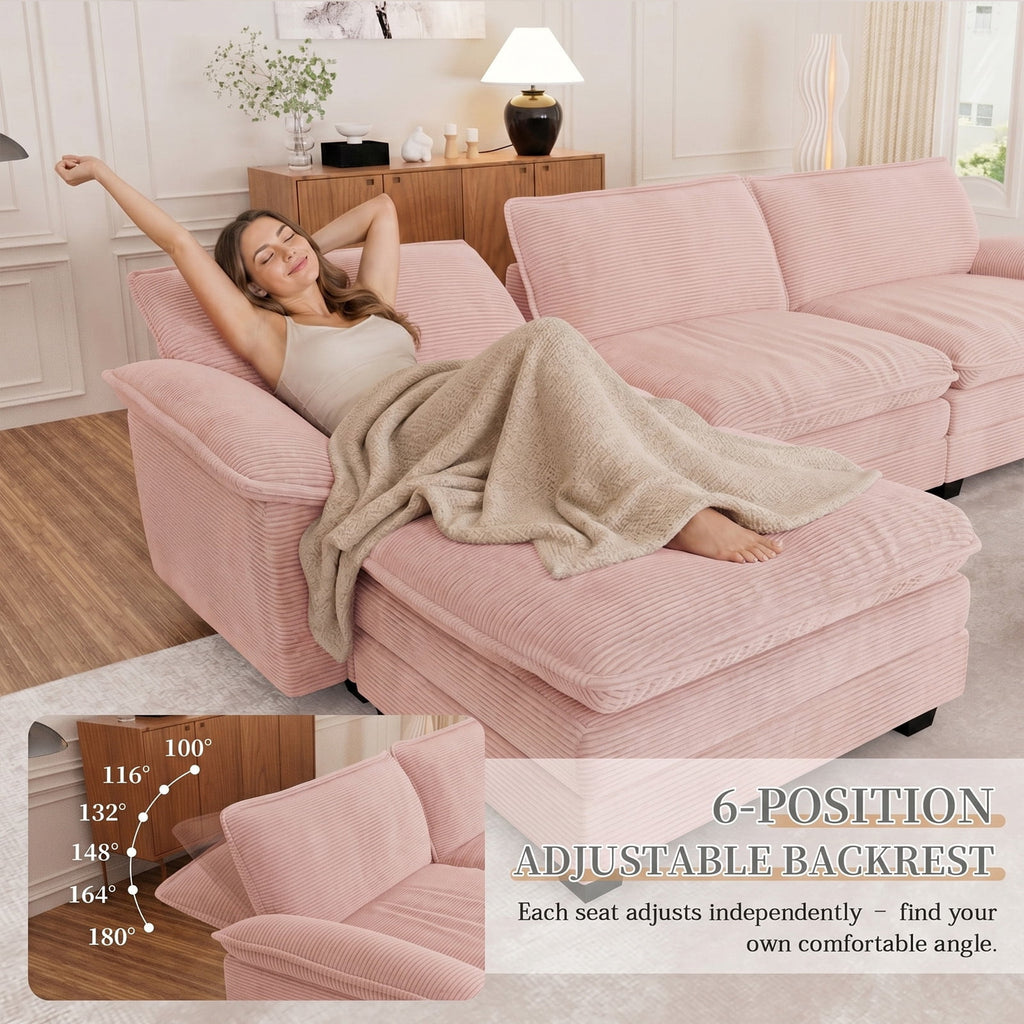 Muumblus Comfy Modular Sectional Sofa with 2 Ottoman, Deep Seat 80.5" Modern Oversized Corduroy Cloud Couch, Fluffy Deep Seat Chaise Lounge Sleeper Sofa for Living Room Apartment, Pink