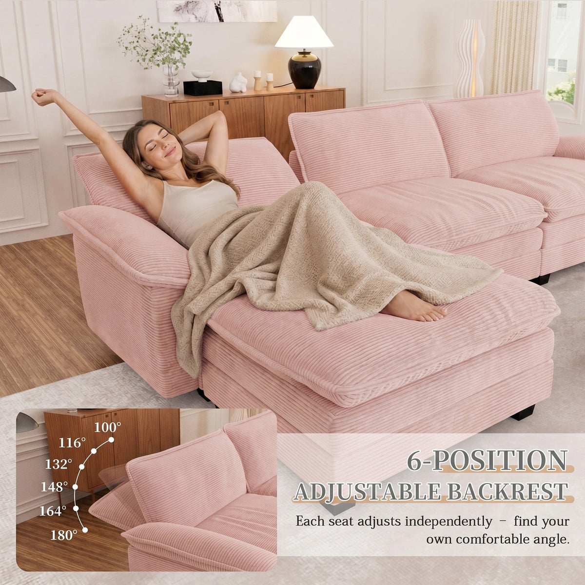Muumblus Comfy Modular Sectional Sofa with 2 Ottoman, Deep Seat 80.5" Modern Oversized Corduroy Cloud Couch, Fluffy Deep Seat Chaise Lounge Sleeper Sofa for Living Room Apartment, Pink