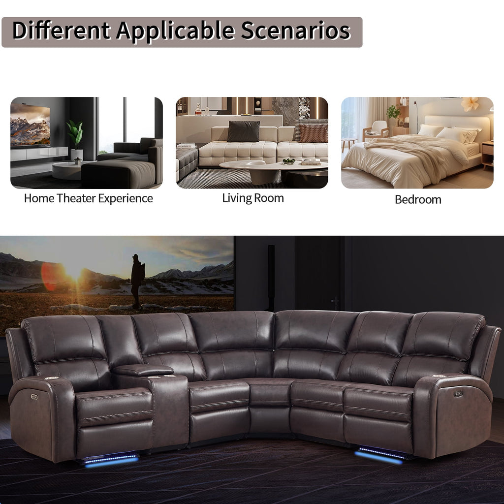  Power Reclining Sectional Sofa with LED Lights ? Faux Leather L-Shape Sectional with Dual Power Recliners, Storage Console & Cup Holders