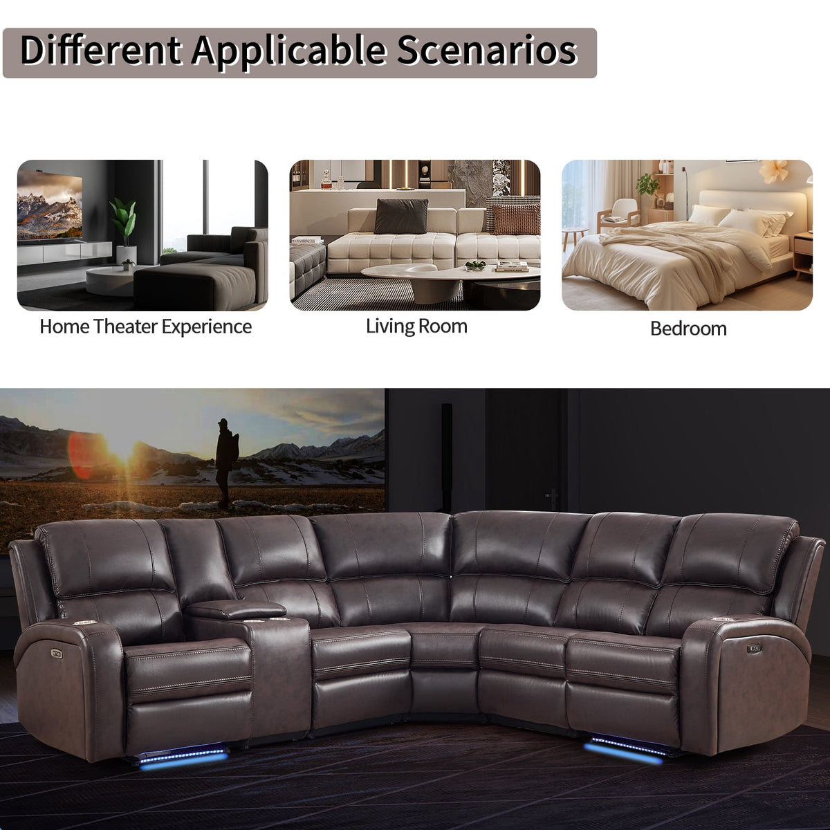  Power Reclining Sectional Sofa with LED Lights ? Faux Leather L-Shape Sectional with Dual Power Recliners, Storage Console & Cup Holders