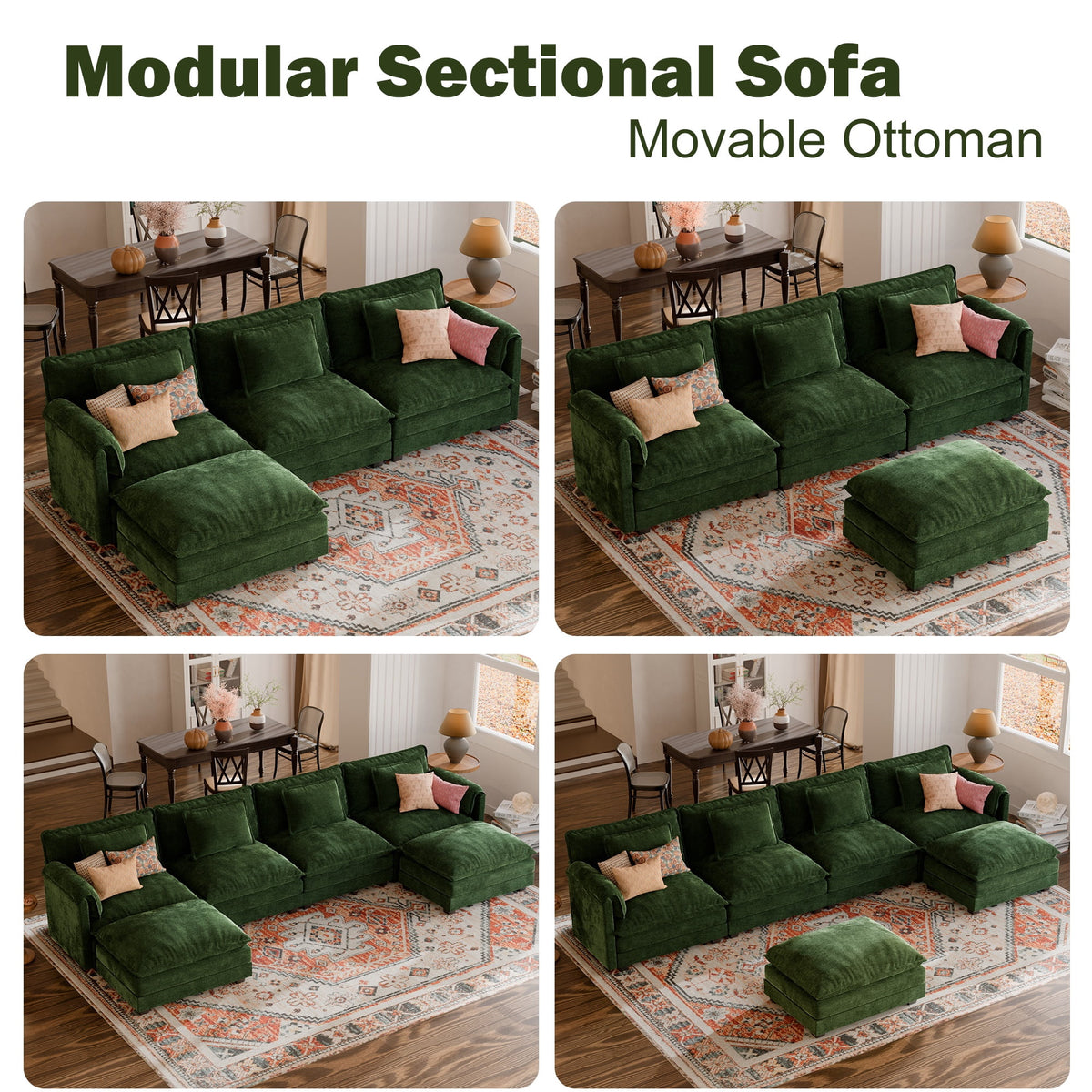 JULY'S SONG 113" L Shaped Couch Set, Deep Seat Modular Sectional Sofa with Movable Ottoman, Plush Couches and Sofas Detachable Cushions, Chenille Sectionals for Living Room, Green