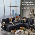 EPOWP 108" Modular Sectional Sleeper Sofa,7-Seater L-Shaped Pull Out Sofa Bed with Adjustable Backrest, Side Table & Charging Ports, Chenille Upholstered Sectional Couch for Living Room,Black