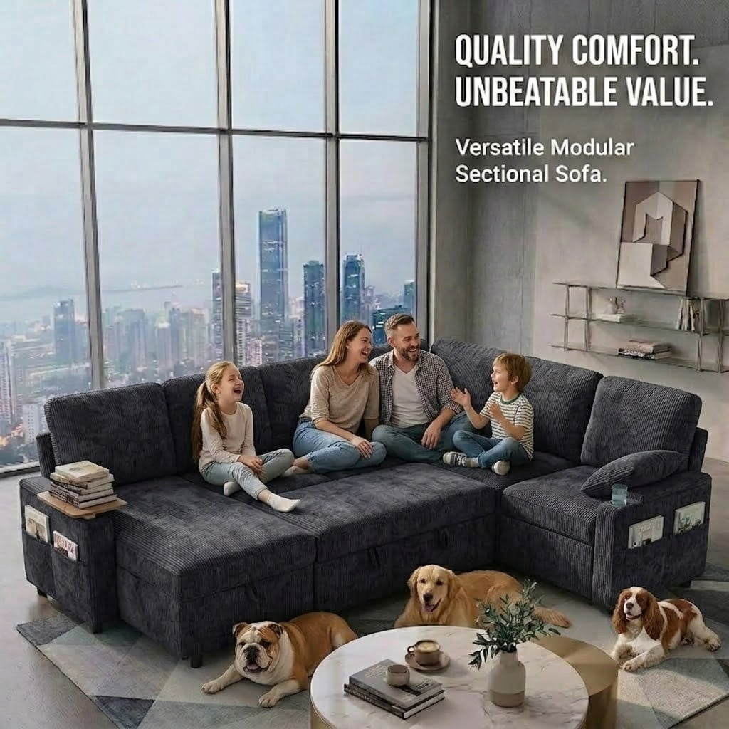 EPOWP 108" Modular Sectional Sleeper Sofa,7-Seater L-Shaped Pull Out Sofa Bed with Adjustable Backrest, Side Table & Charging Ports, Chenille Upholstered Sectional Couch for Living Room,Black