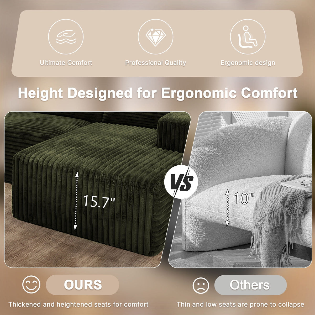 Garaneeds 113" Oversized U Shaped Sectional Sofa for Living Room, Modular Boneless Cloud Couch with Chaise, Corduroy Deep Seat Sofa, High Back Support, No Assembly Required, Green