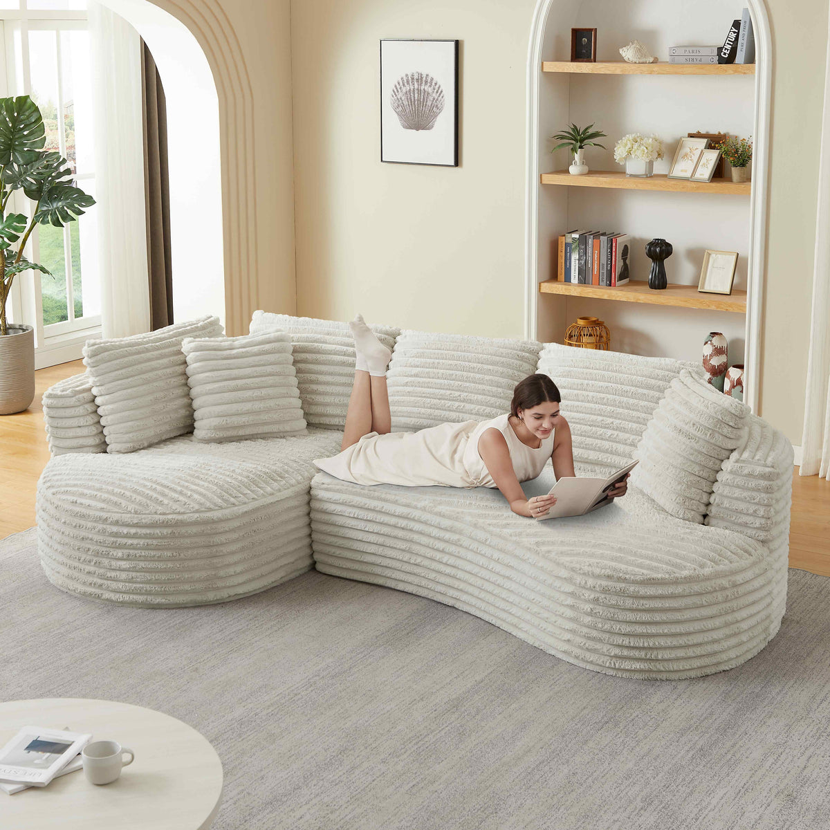 FFH 121" Modular Sectional Sofa, Oversized L-Shape Cloud Couch, Corduroy Curved Sofa for Living Room, Cream, Left Facing Chaise