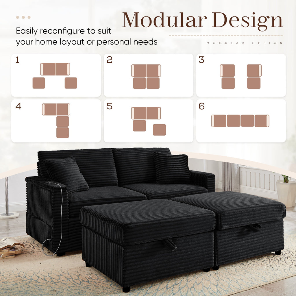 Muumblus Loveseat Sectional Sofa with 2 Storage Ottomans, Modular Cloud Couch with 2 Side Tables & USB, Plush Double Chaise Lounge Sofa Bed Indoor, Black Corduroy