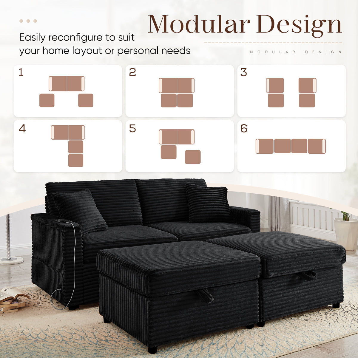 Muumblus Loveseat Sectional Sofa with 2 Storage Ottomans, Modular Cloud Couch with 2 Side Tables & USB, Plush Double Chaise Lounge Sofa Bed Indoor, Black Corduroy