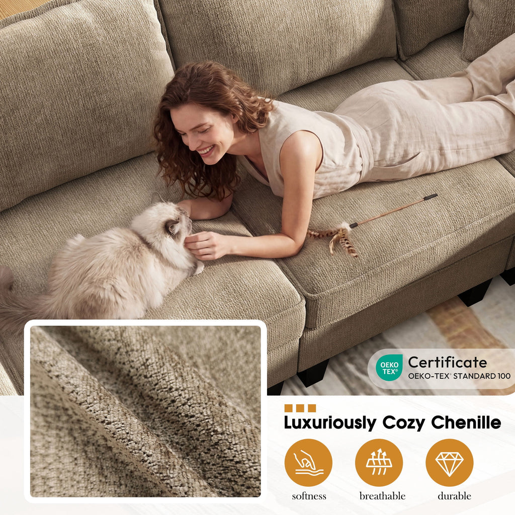  112" Modular Sectional Sofa with 2 Moveable Storage Ottoman, Cloud Couch Seats 6, Modern Living Room Furniture, Chenille Brown