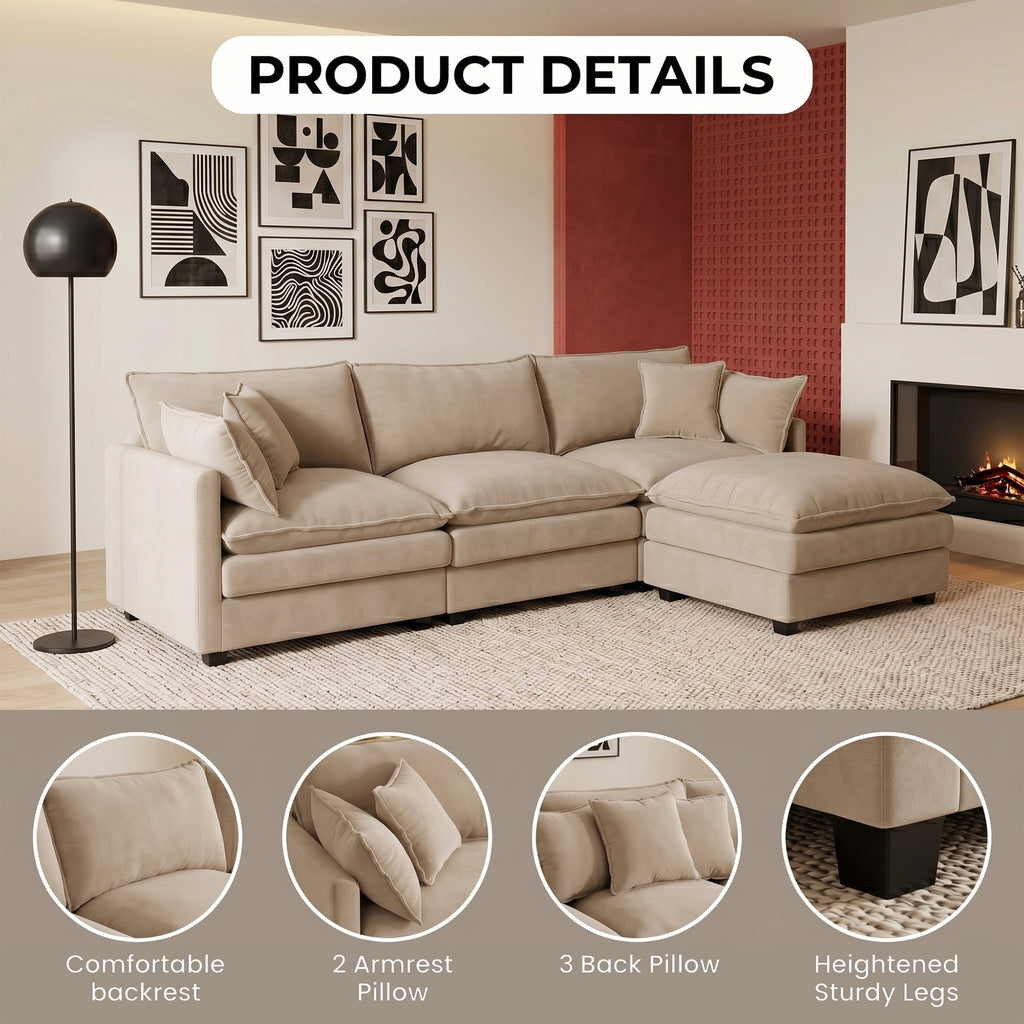 Eyisean 102" Chenille Modular Sectional Sofa with Ottoman, 3-Seater L Shape Cloud Couch with Upholstered & Pillow, Comfy Sleeper Sofa for Living Room, Bedroom, Office, Easy Assembly