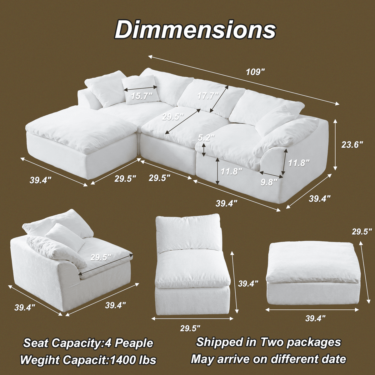 Boneless Modular Sectional Cloud Couch, Compressed Sofa in a Box with Deep Seat & Oversized Chaise, L-Shaped Chenille Sofa for Living Room(White)