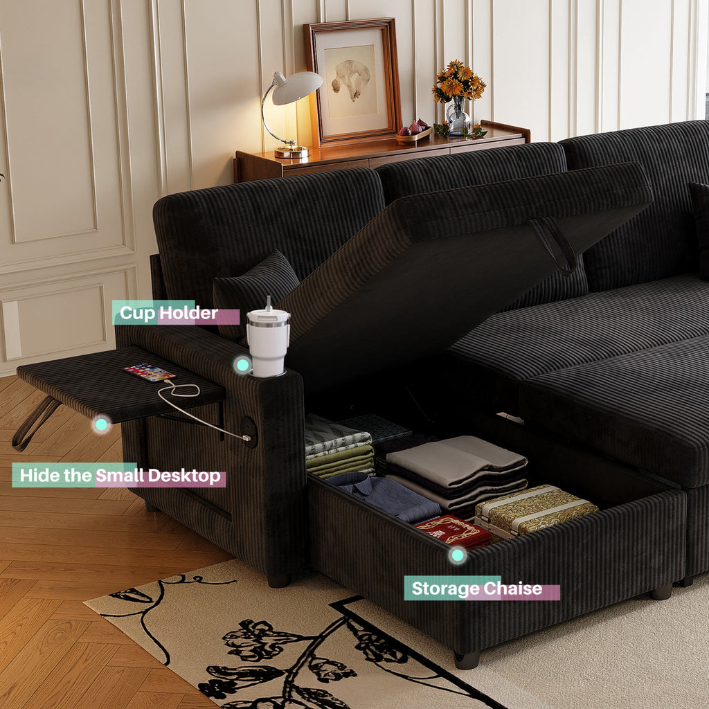 83" Sleeper Sectional Sofa, Comfy Convertible Sofa Bed with Pull Out Couches, Small Desktop, Corduroy L Shaped Couch with Reversible Storage Chaise & USB for Living Room Apartment,Black