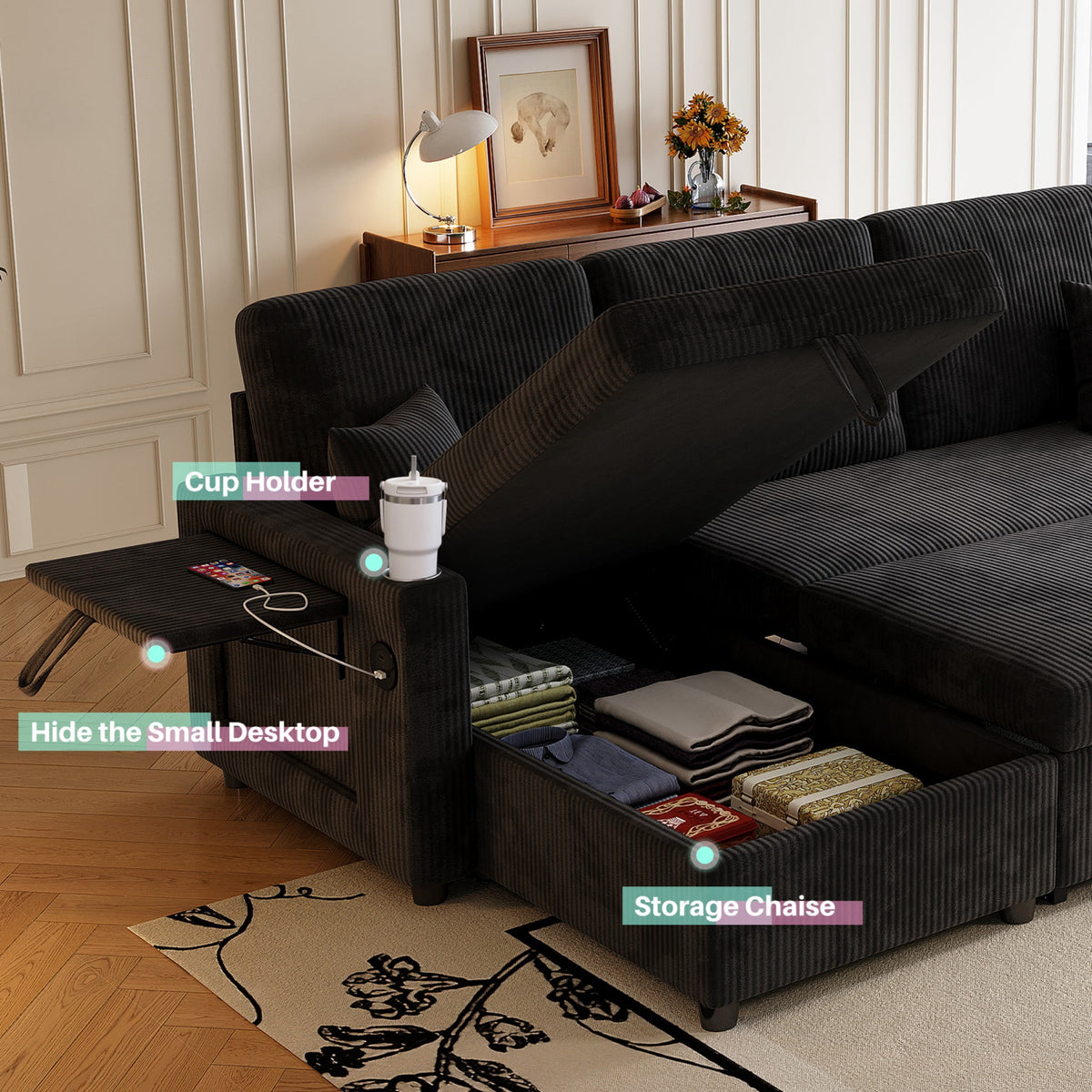 83" Sleeper Sectional Sofa, Comfy Convertible Sofa Bed with Pull Out Couches, Small Desktop, Corduroy L Shaped Couch with Reversible Storage Chaise & USB for Living Room Apartment,Black