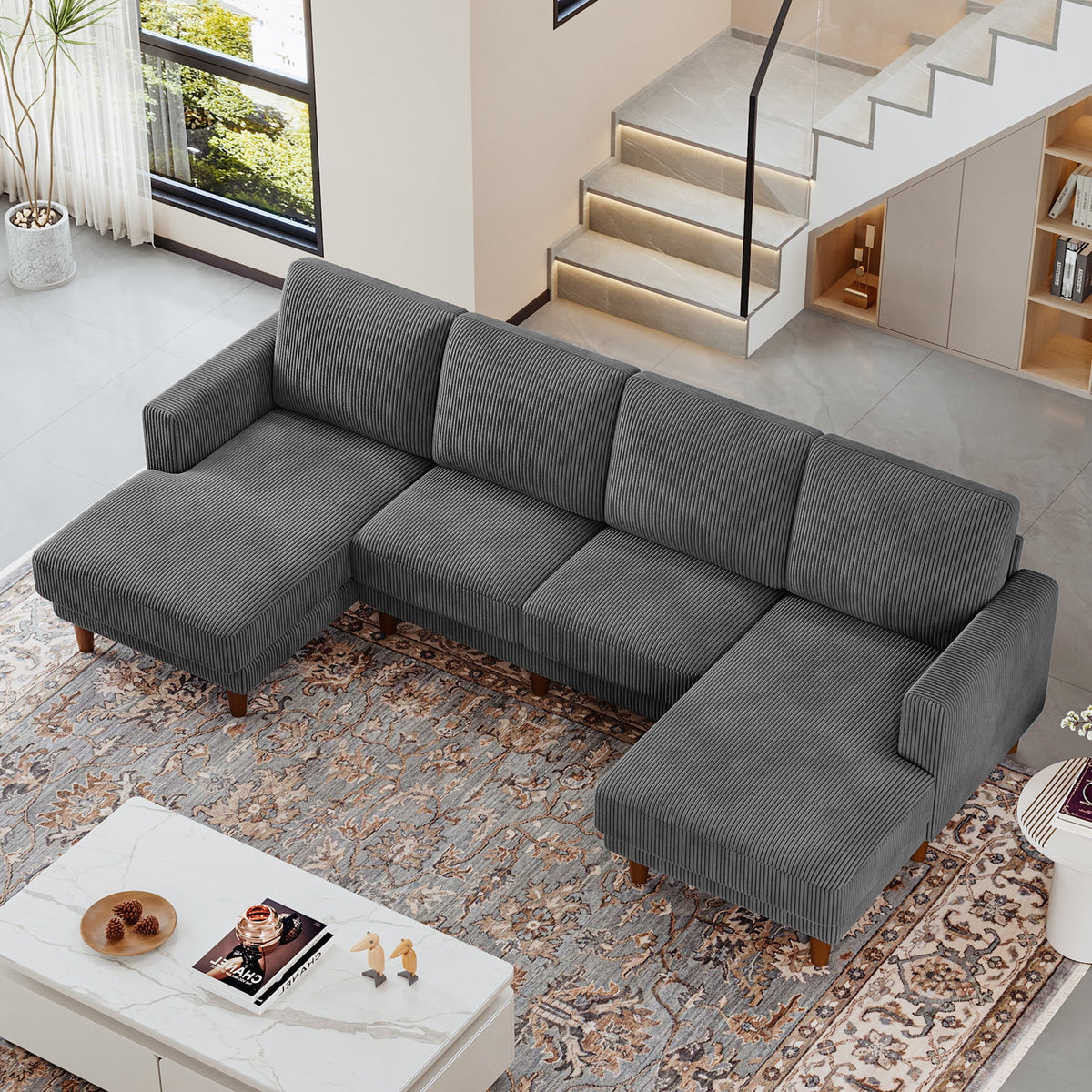 106" Corduroy Sofa for Living Room, U Shaped Couch, Wood Frame, Gray