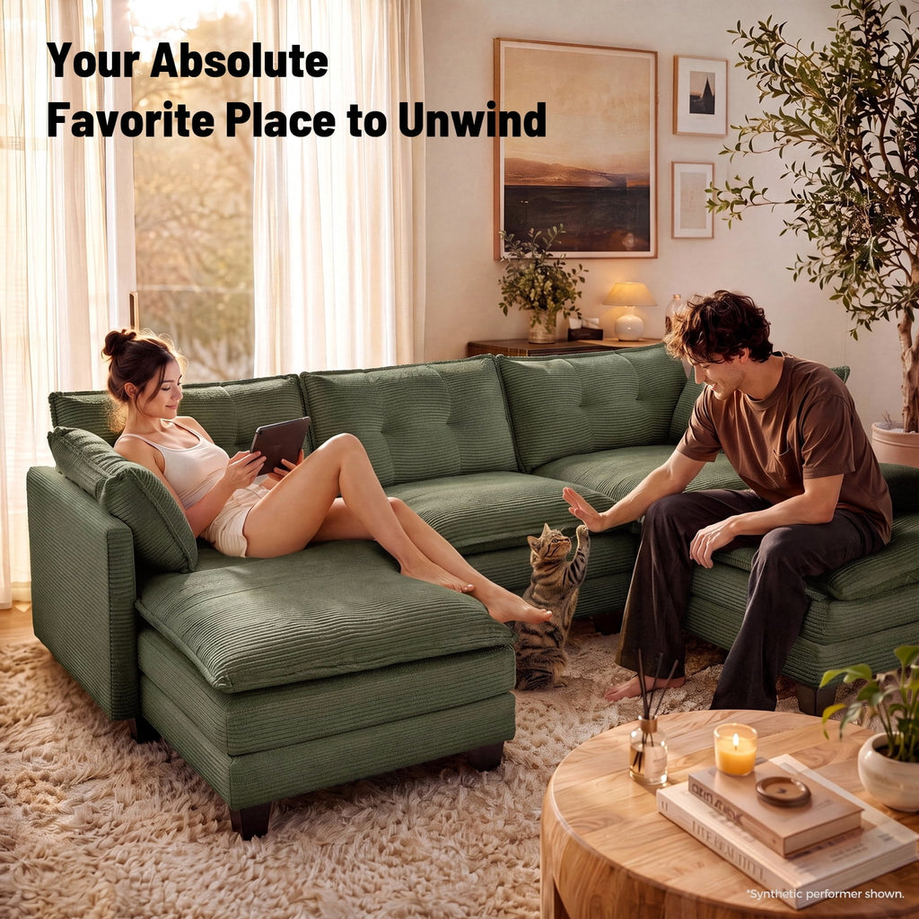 Amsleekey 111.5" Modular Sectional Sofa with 2 Movable Ottomans, U-Shaped Modern Corduroy Cloud Couch for Living Room, Comfy Deep Seat, Green