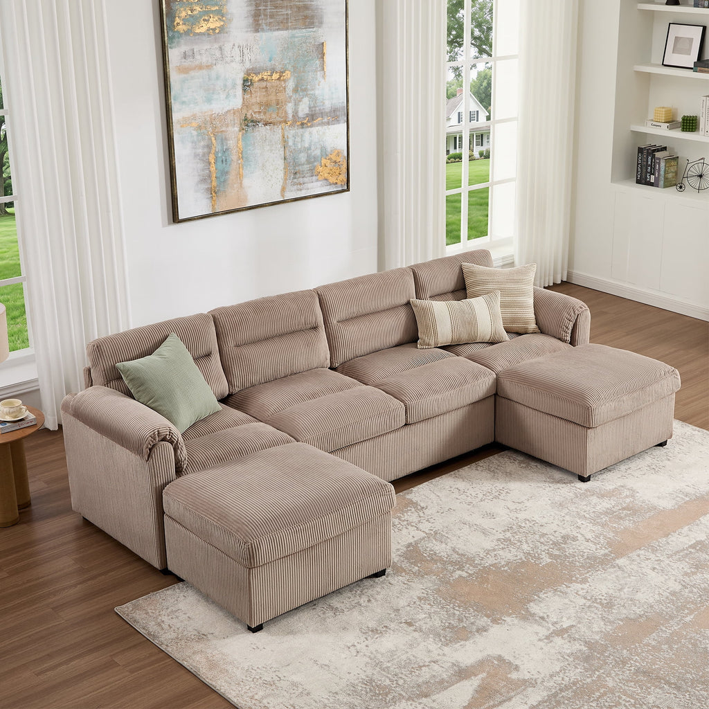  Modular Corduroy Sectional Sofa with Pull Out Sleeper, Convertible U-Shaped Couch, Free Combination Upholstered Sofa Bed for Living Room