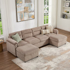  Modular Corduroy Sectional Sofa with Pull Out Sleeper, Convertible U-Shaped Couch, Free Combination Upholstered Sofa Bed for Living Room
